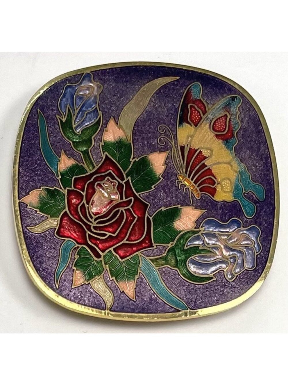 VTG 2.5" Square Purple Goldtone Cloisonne Enamel SCARF CLIP Roses Butterfly EUC